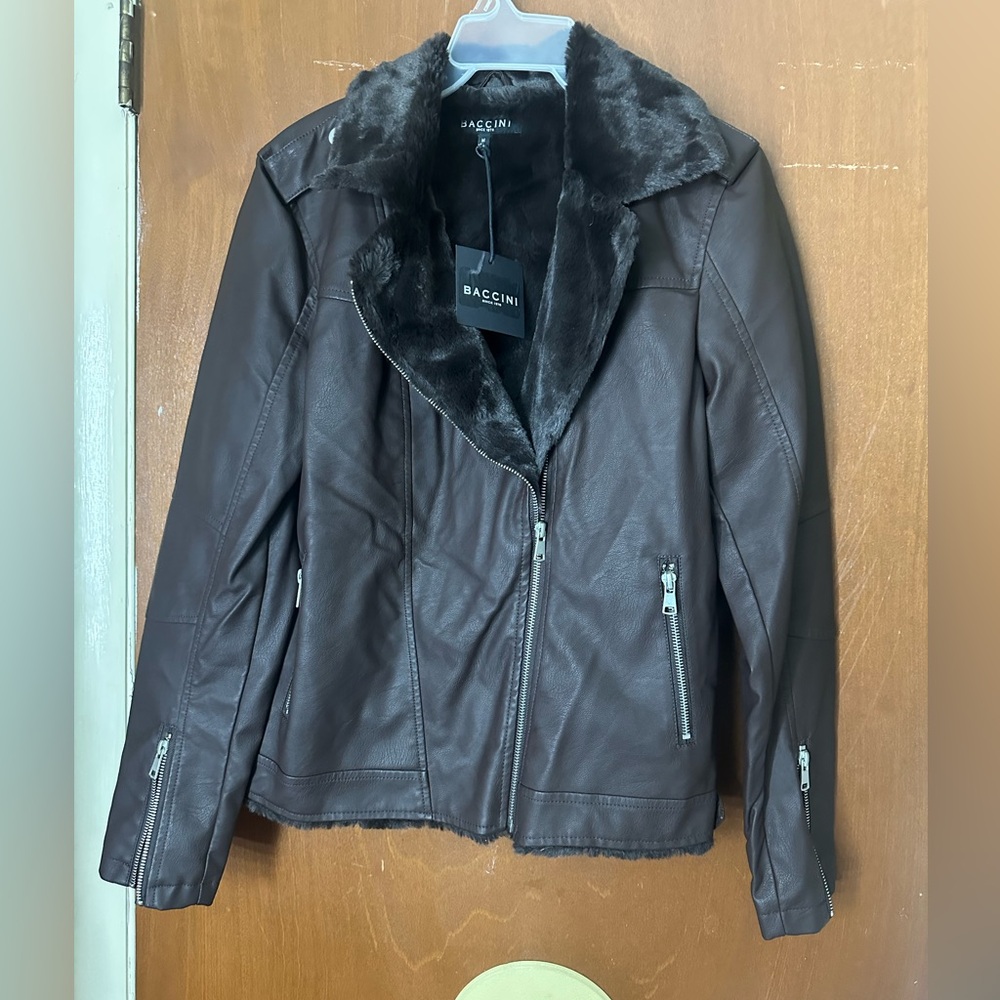 Baccini Dark Brown Faux Leather Jacket with Plush Collar
